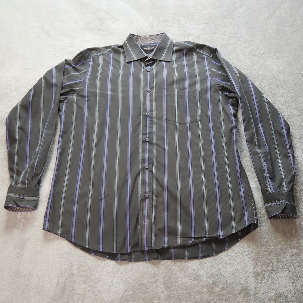 Bugatchi Uomo Black Blue Striped Button Preppy Casual Dress Shirt Mens Size XL